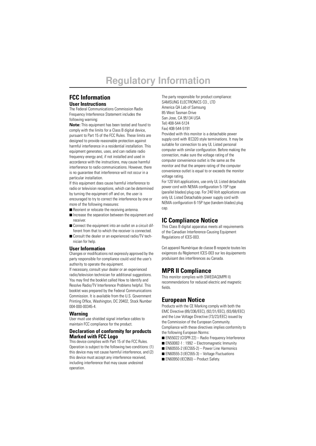 Samsung 750ST manual Regulatory Information, User Instructions, User Information 