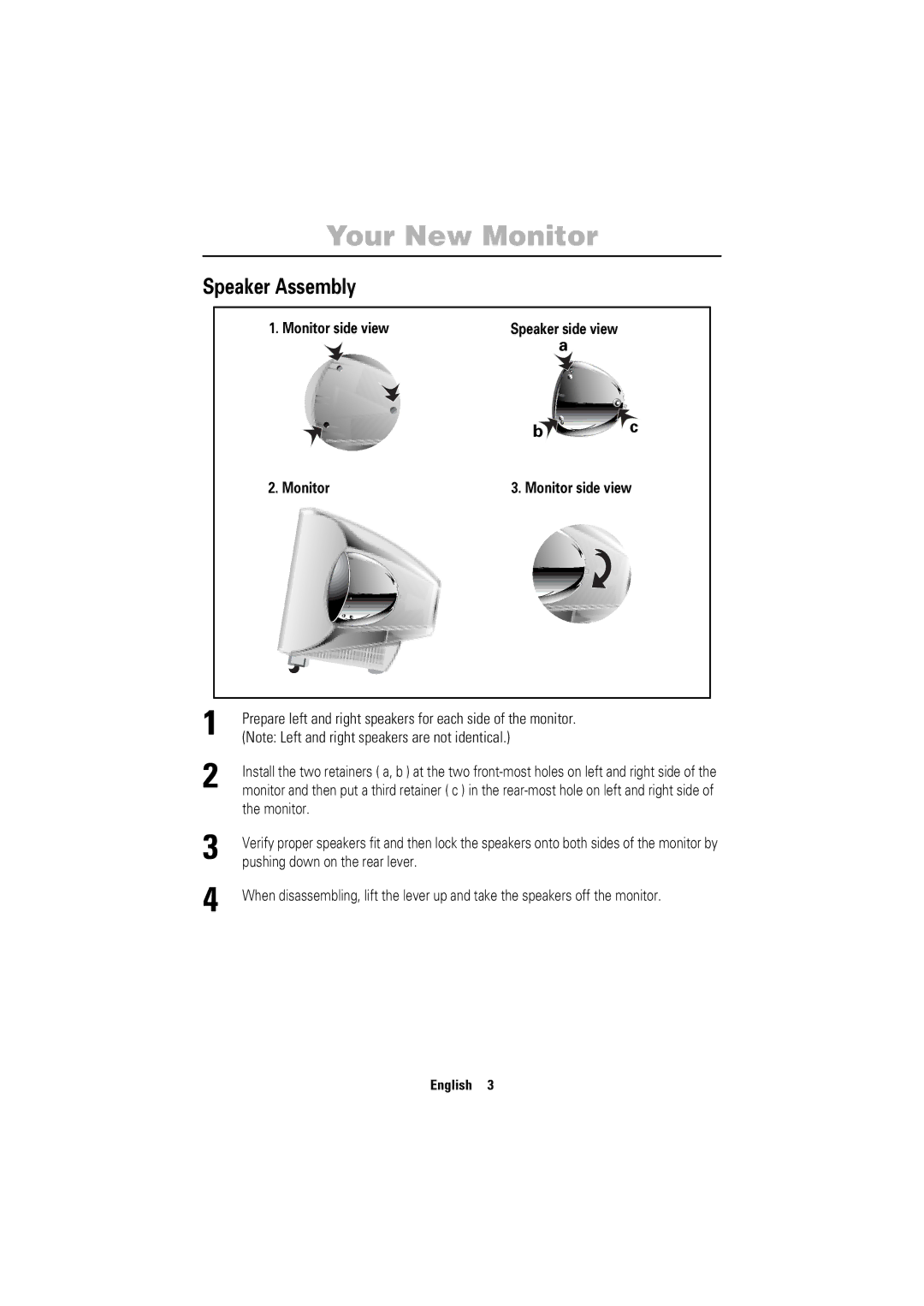 Samsung 750ST manual Speaker Assembly, Monitor side view, Pushing down on the rear lever 