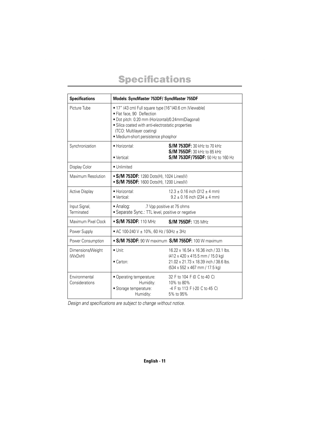 Samsung manual Speciﬁcations, Analog, 753DF 110 MHz 755DF 135 MHz 