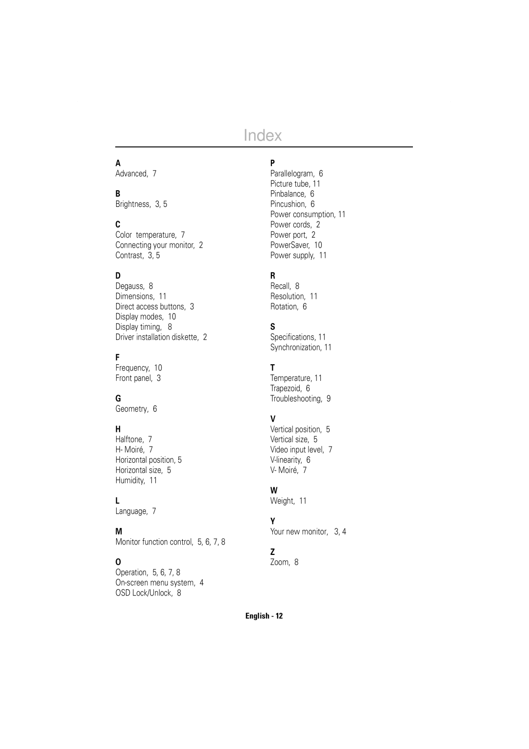 Samsung 753DF manual Index, Advanced Brightness, 3, Degauss, 8 Dimensions, Temperature Trapezoid Troubleshooting 