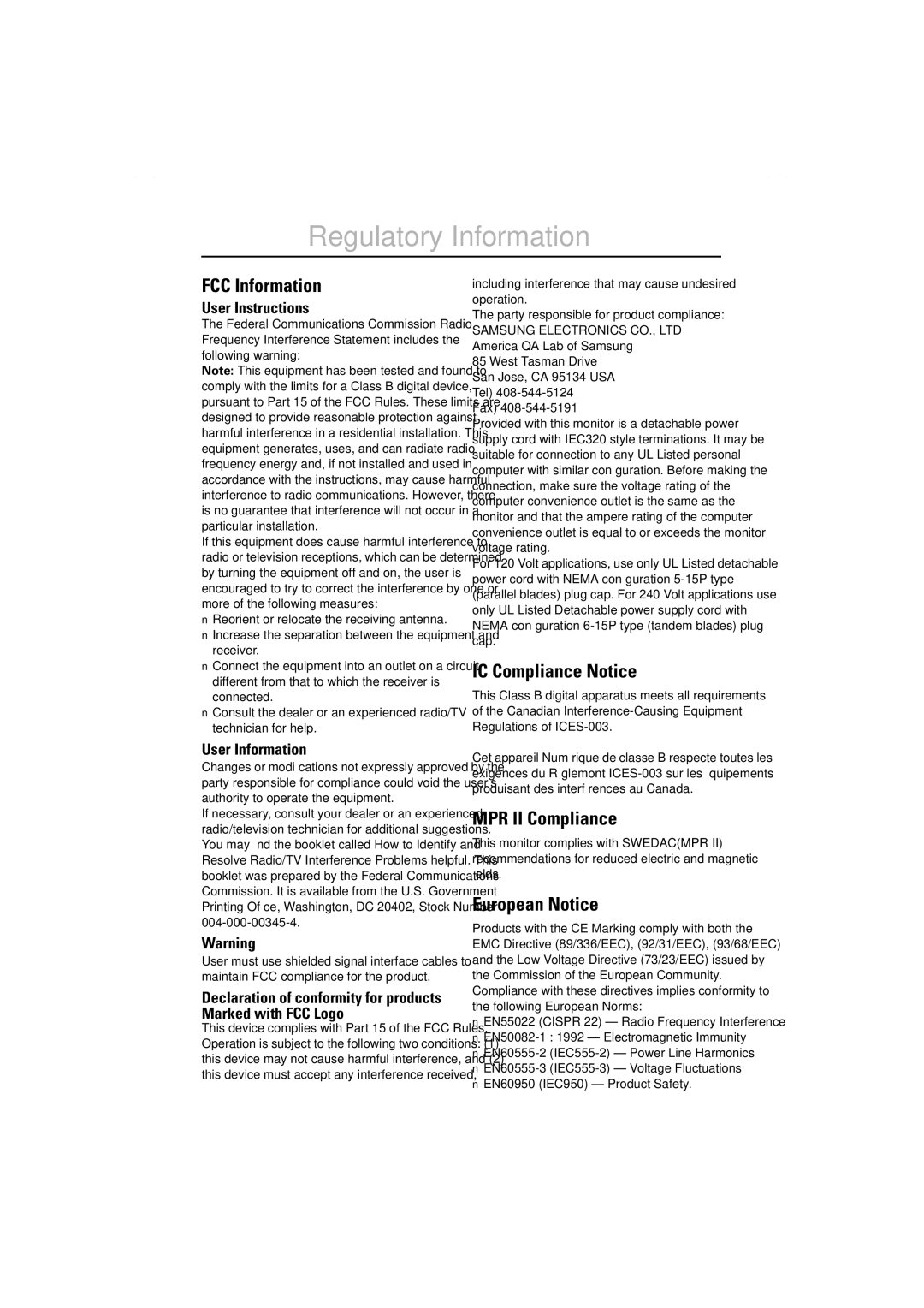 Samsung 753DF manual Regulatory Information, User Instructions, User Information 