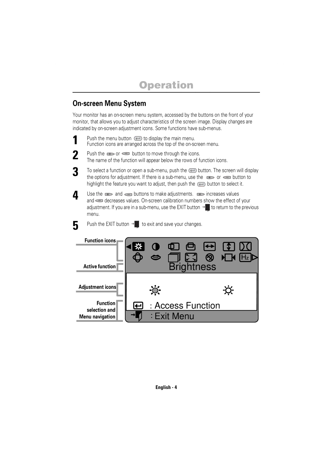 Samsung 753DF manual Operation, Function icons Active function, Adjustment icons 