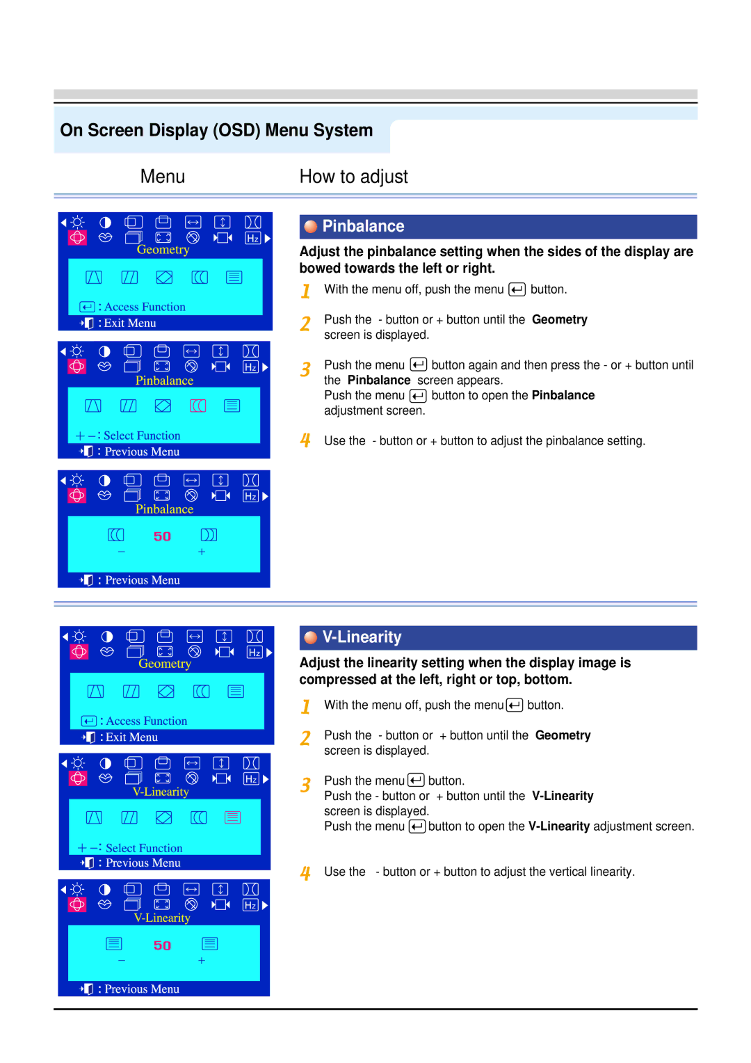 Samsung 753s, 753v, 750s, 753Ms, 753Ms, 753v, 750s, 753s manual Pinbalance, Linearity 