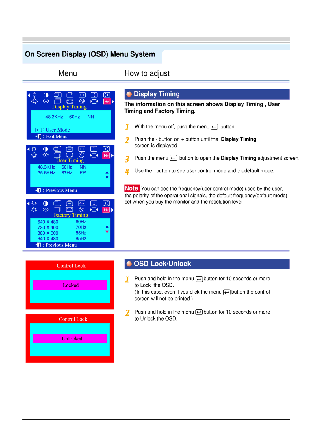 Samsung 753s, 753v, 750s, 753Ms, 753Ms, 753v, 750s, 753s manual Display Timing, OSD Lock/Unlock 