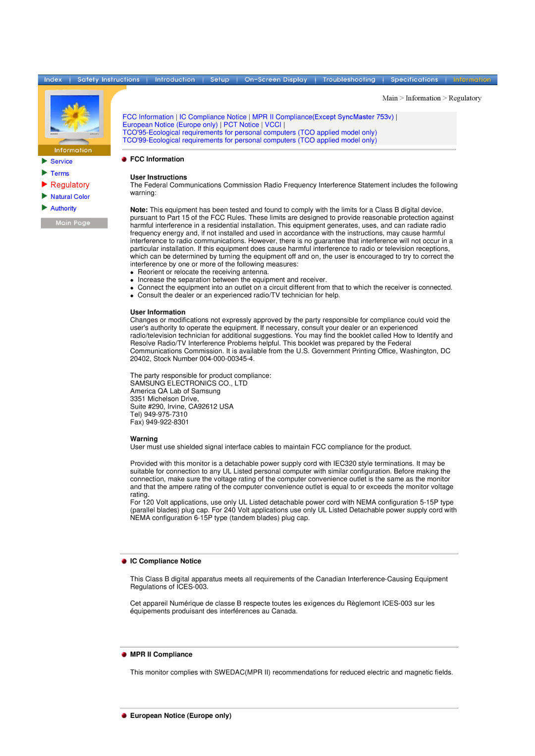 Samsung 753Ms, 753v, 750s, 753s, 753s, 753v, 750s, 753Ms manual Main Information Regulatory 