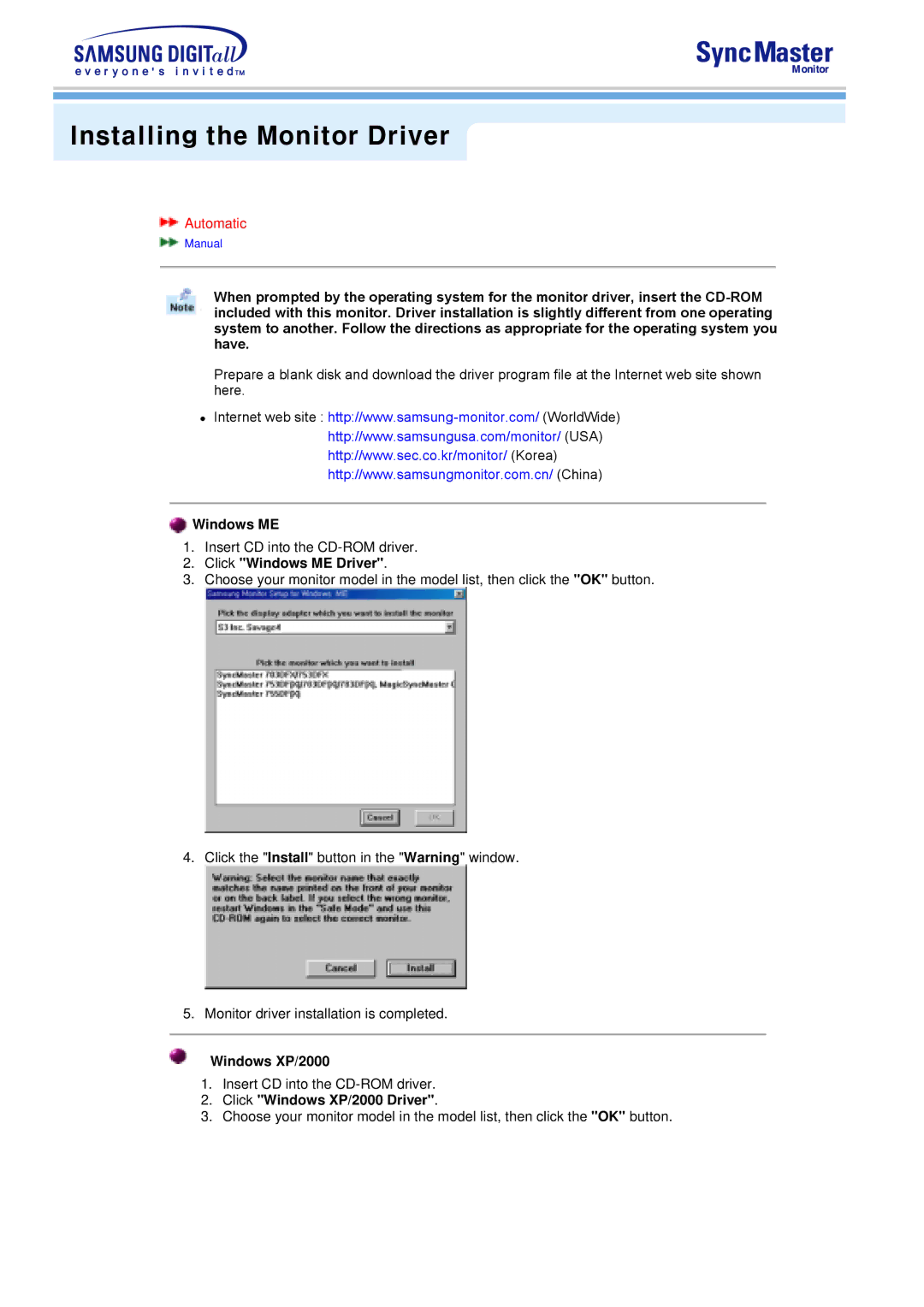 Samsung 753v, 753S manual Installing the Monitor Driver, Click Windows ME Driver, Click Windows XP/2000 Driver 