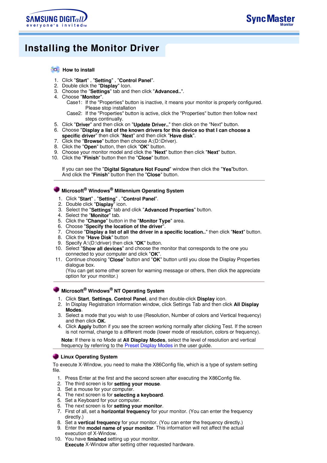 Samsung 753S, 753v manual How to install Click Start , Setting , Control Panel, Microsoft Windows NT Operating System 