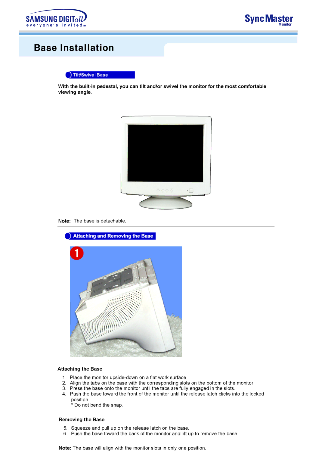 Samsung 753v, 753S manual Base Installation, Removing the Base 