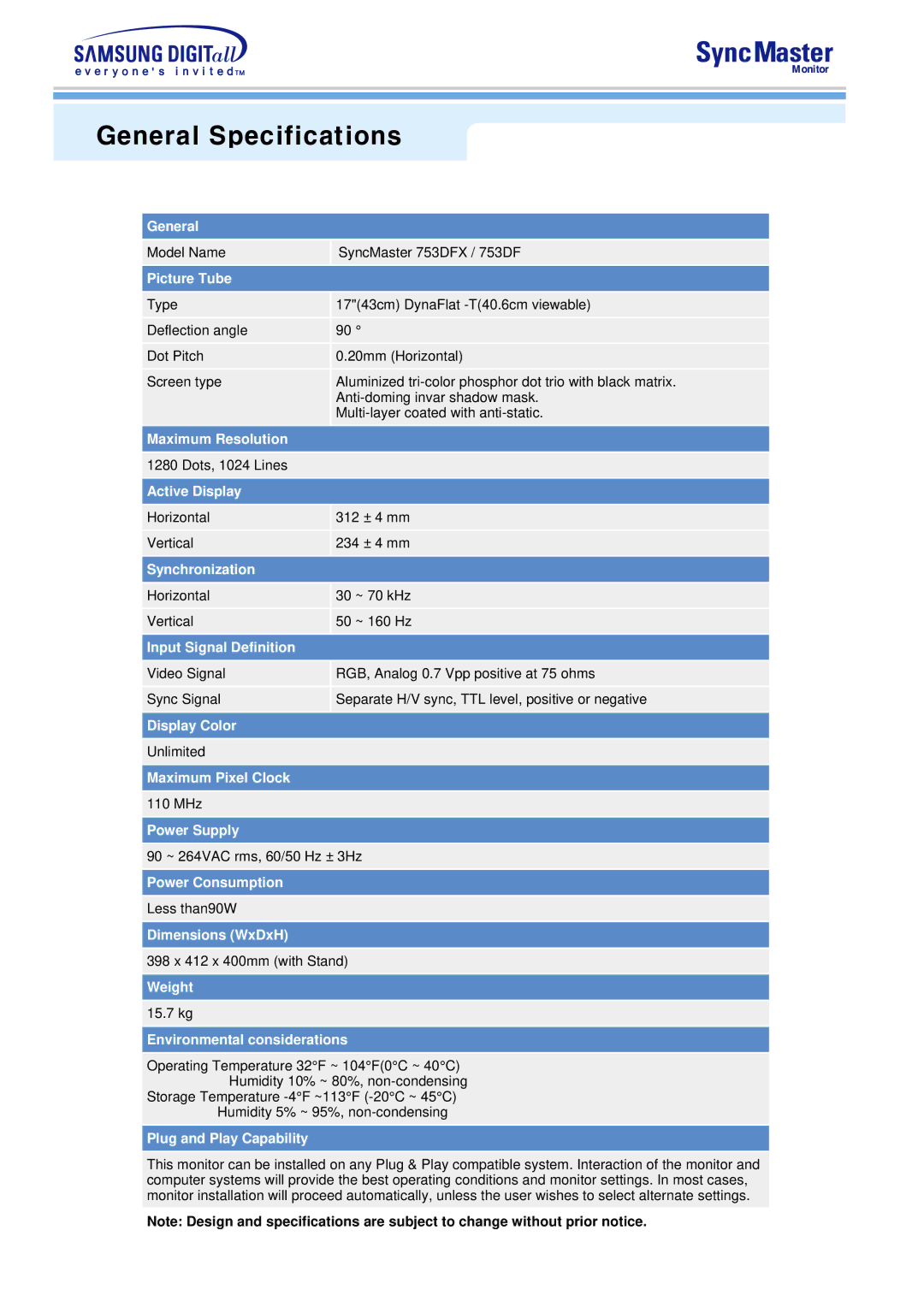 Samsung 753S, 753v manual General Specifications, Picture Tube 