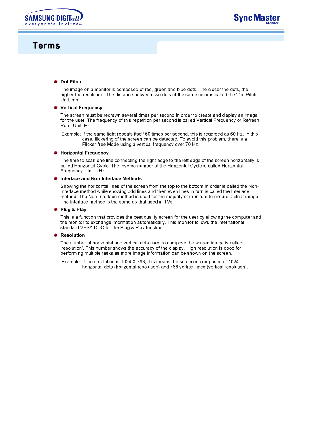 Samsung 753S, 753v manual Terms, Dot Pitch, Interlace and Non-Interlace Methods, Plug & Play, Resolution 