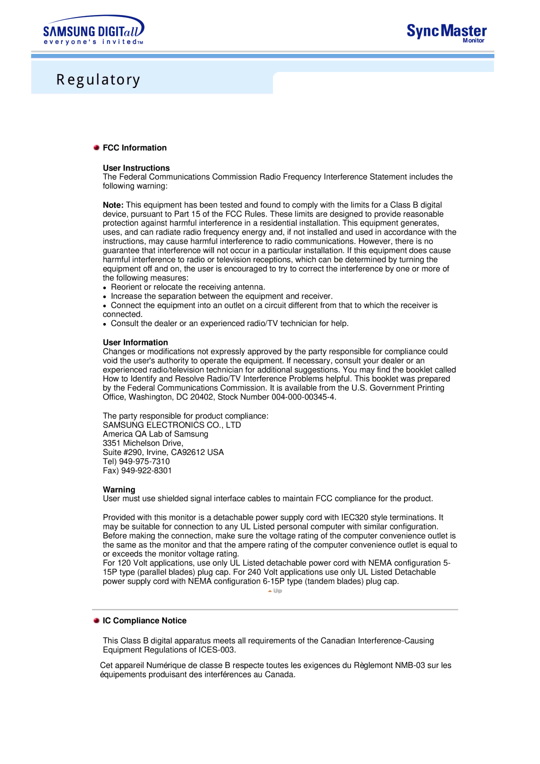 Samsung 753v, 753S manual Regulatory, FCC Information User Instructions, User Information, IC Compliance Notice 