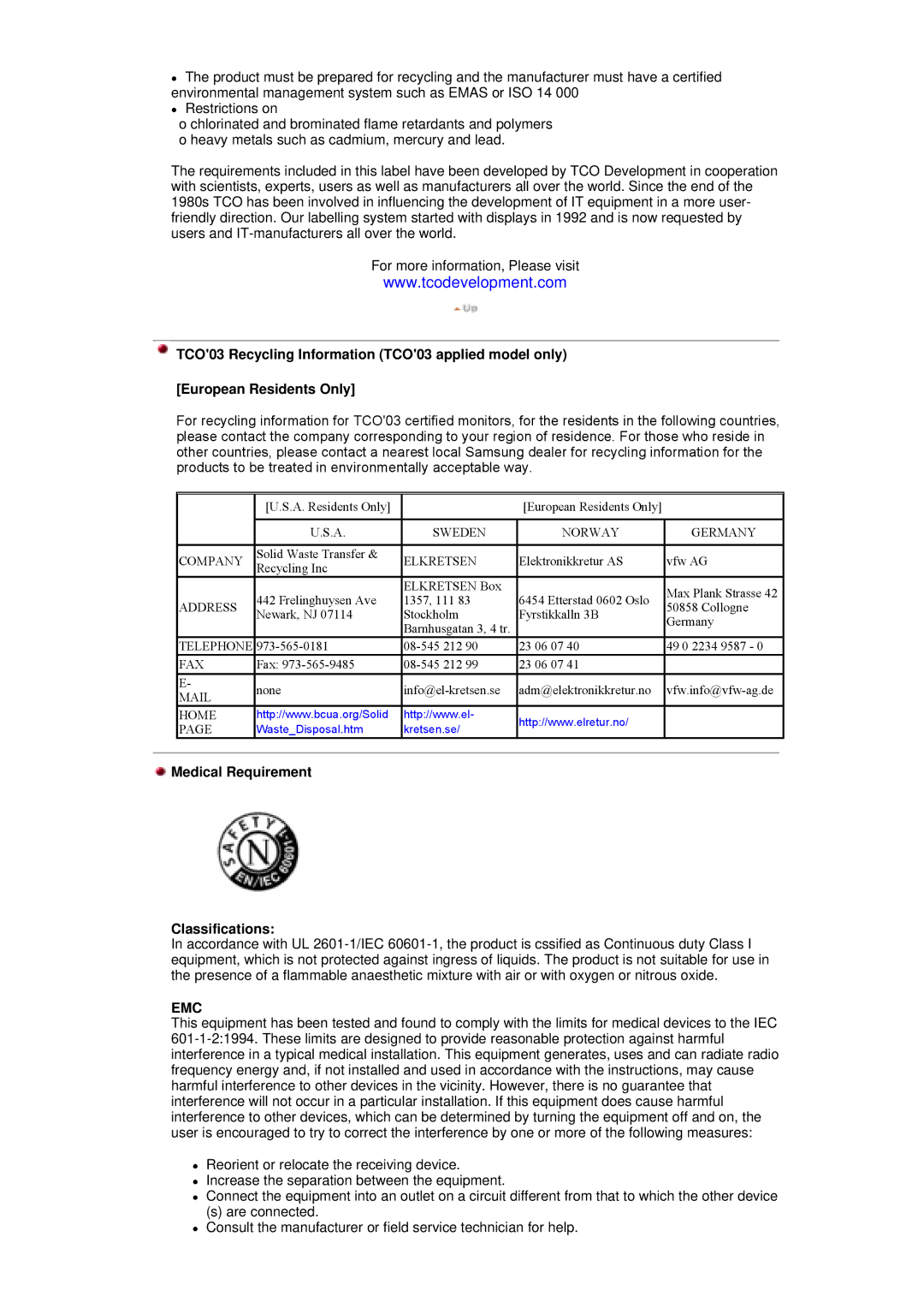 Samsung 753S, 753v manual Medical Requirement Classifications, Elkretsen 