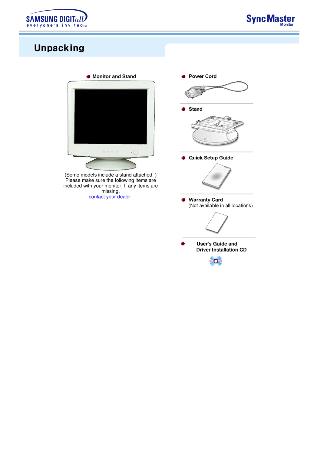 Samsung 753S, 753v manual Unpacking, Monitor and Stand, Power Cord Stand Quick Setup Guide Warranty Card 