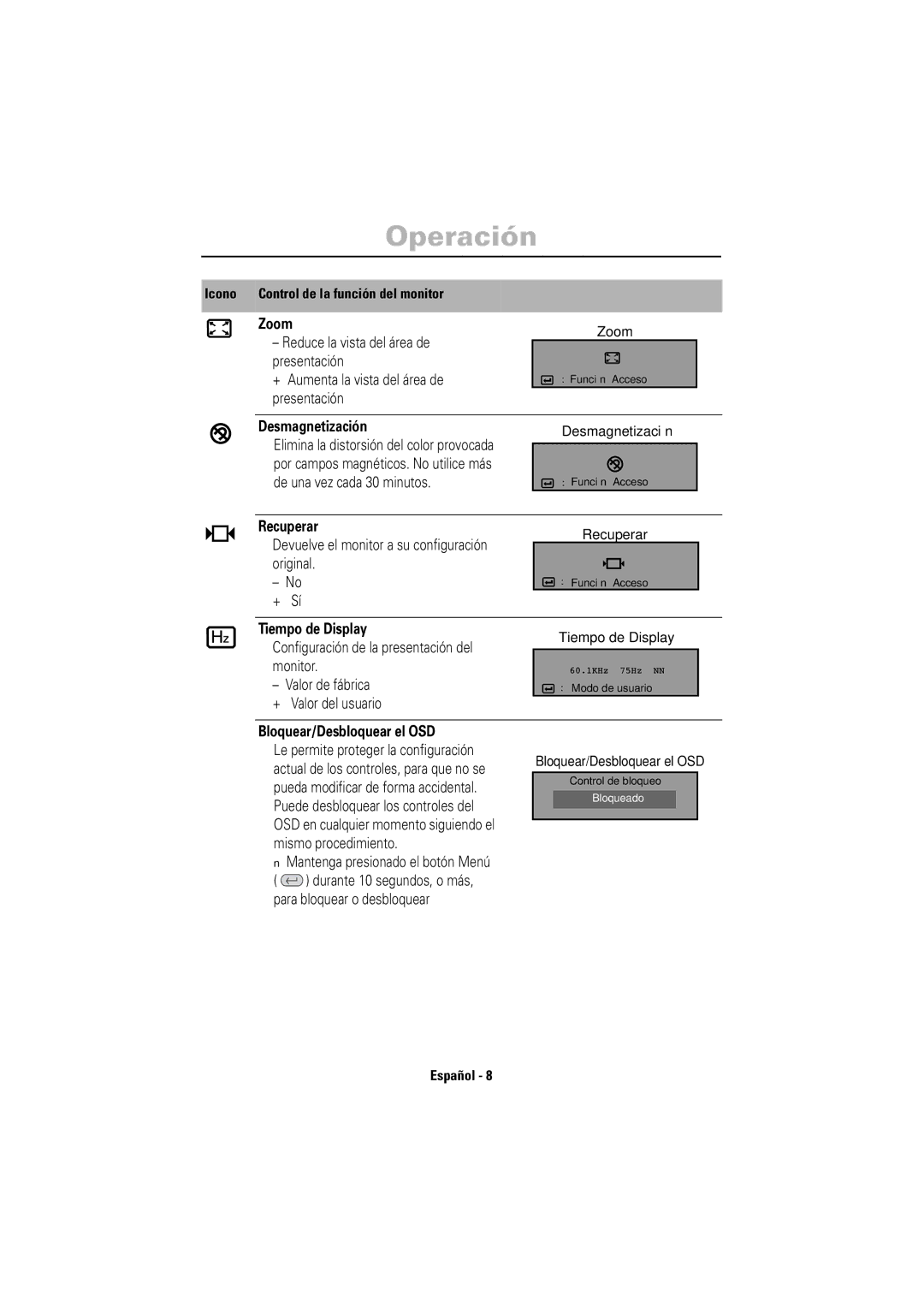 Samsung 755DF manual Zoom, Desmagnetización, Recuperar, Tiempo de Display, Bloquear/Desbloquear el OSD 