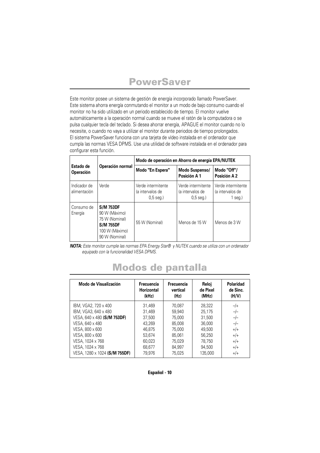 Samsung 755DF manual PowerSaver, Modos de pantalla 