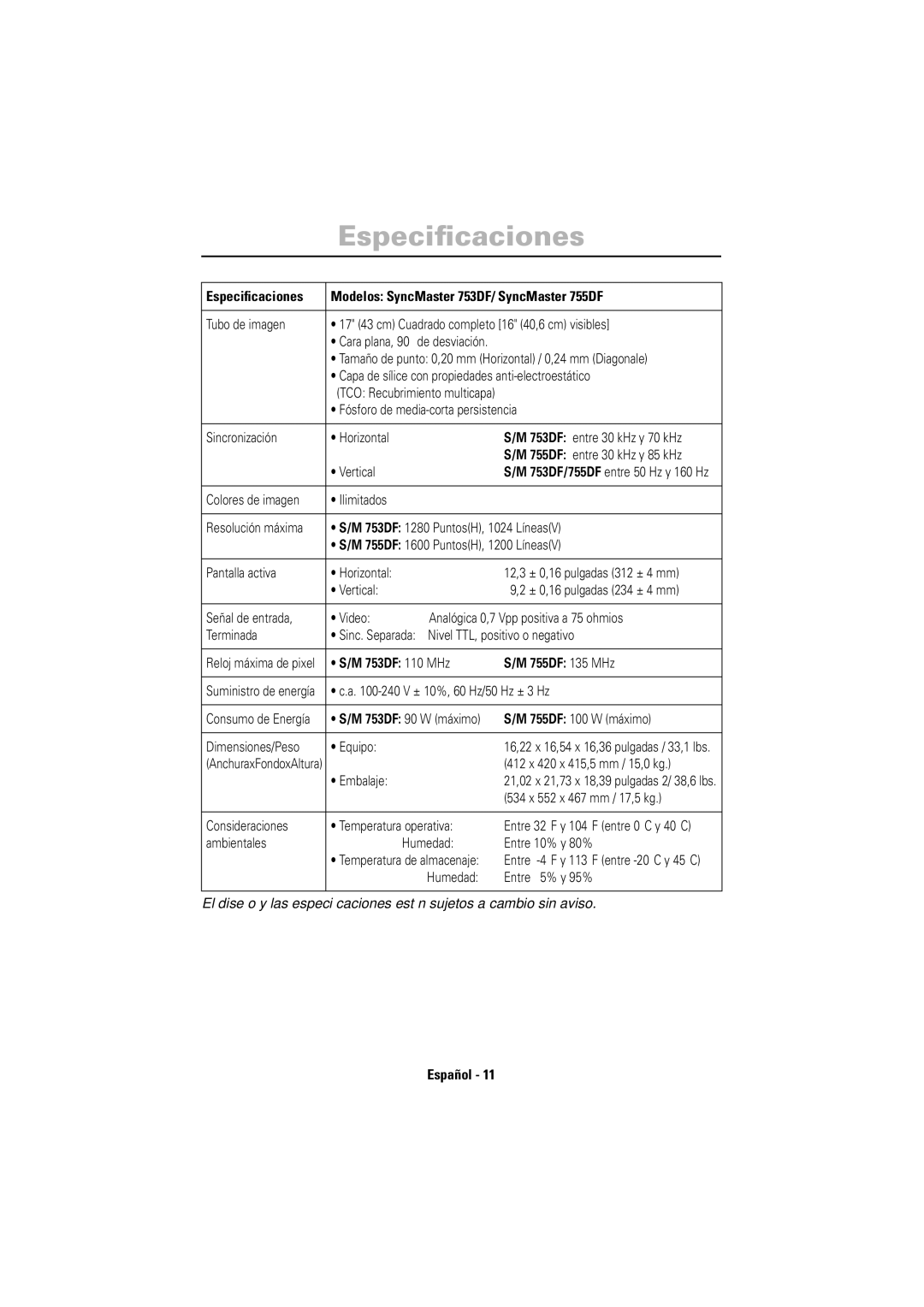 Samsung manual Especiﬁcaciones Modelos SyncMaster 753DF/ SyncMaster 755DF, 753DF 110 MHz 755DF 135 MHz 