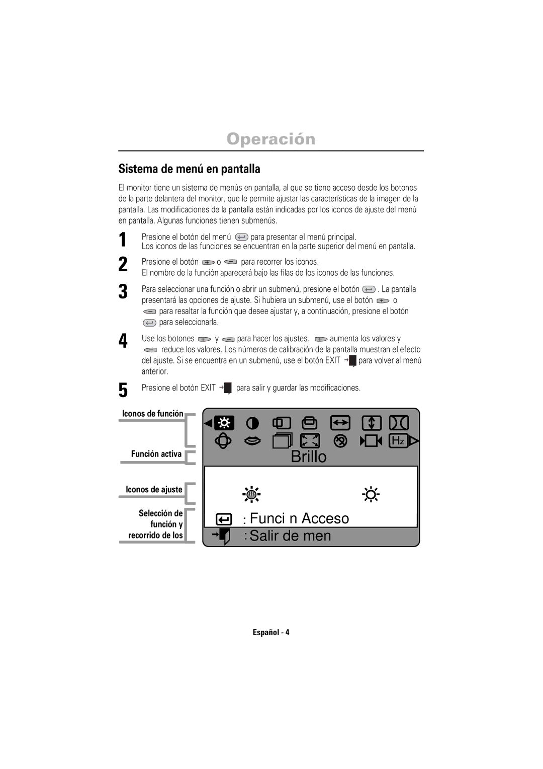 Samsung 755DF manual Operación, Sistema de menú en pantalla, Aumenta los valores y, Anterior 