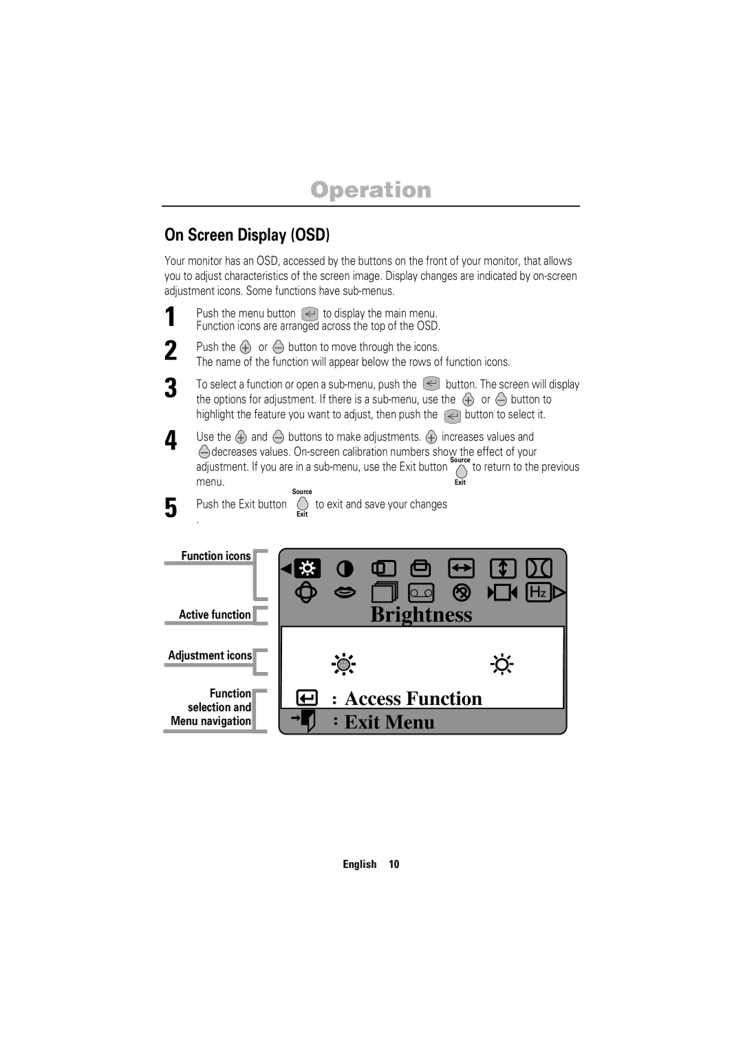 Samsung 755DFG manual Operation, On Screen Display OSD, Adjustment icons Function 