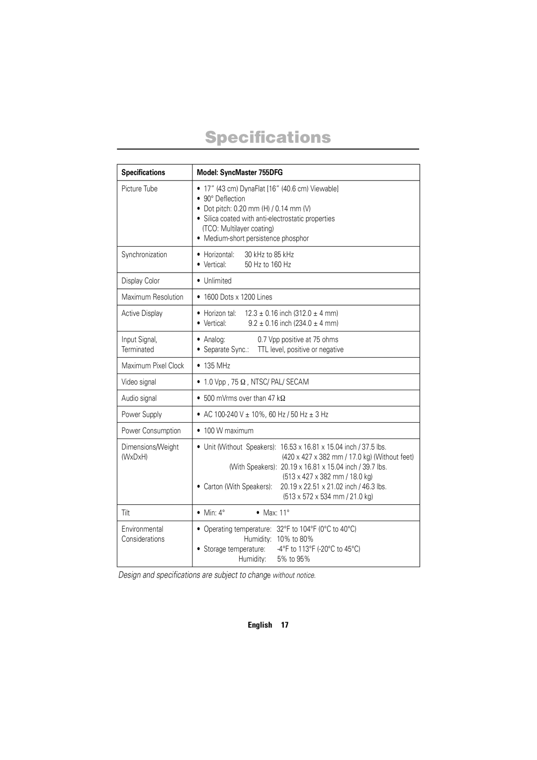 Samsung 755DFG manual Speciﬁcations 