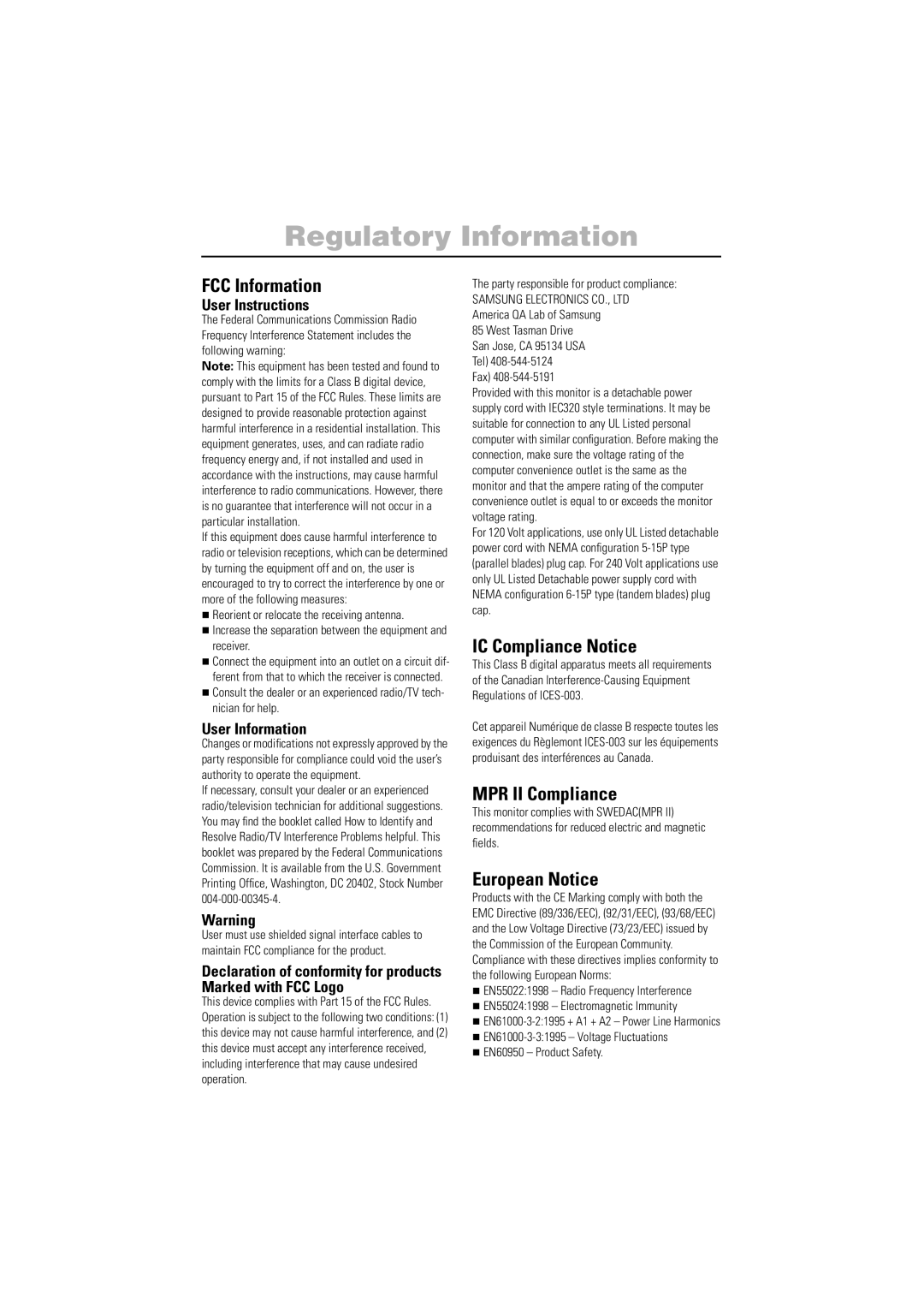 Samsung 755DFG manual Regulatory Information, User Instructions, User Information 