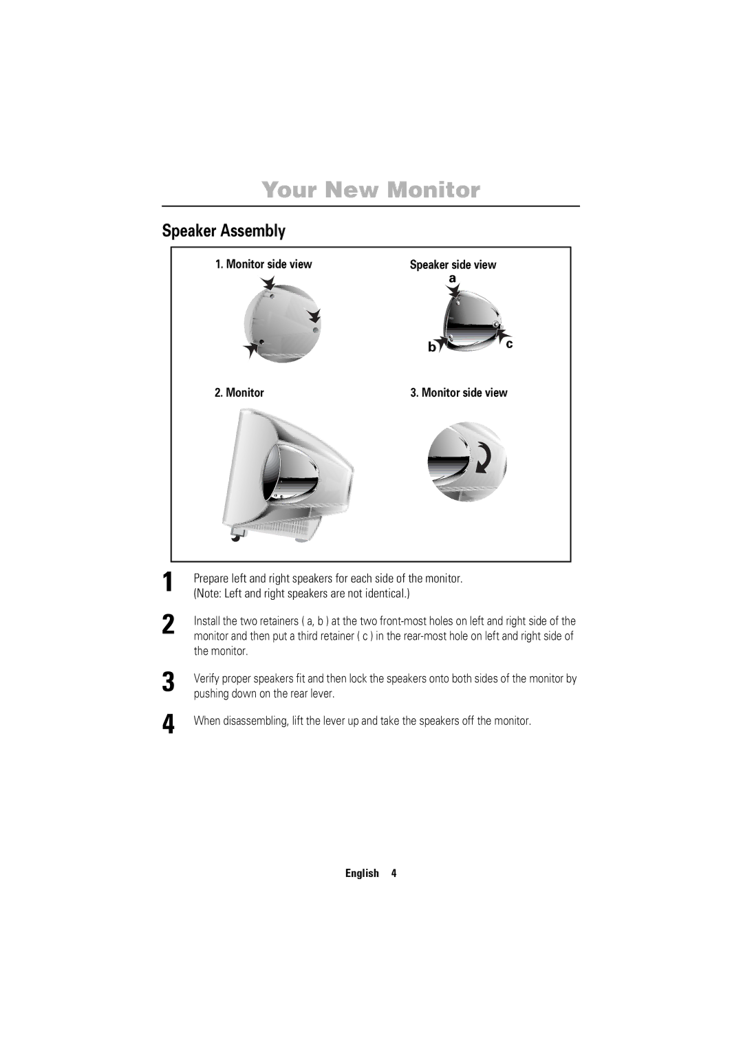 Samsung 755DFG manual Your New Monitor, Speaker Assembly, Monitor side view, Pushing down on the rear lever 