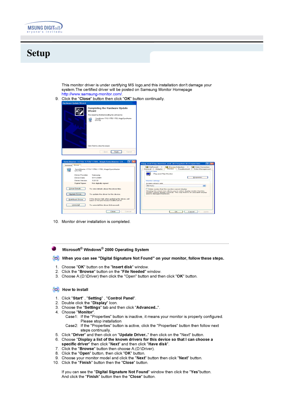 Samsung 757DFX manual How to install Click Start , Setting , Control Panel 