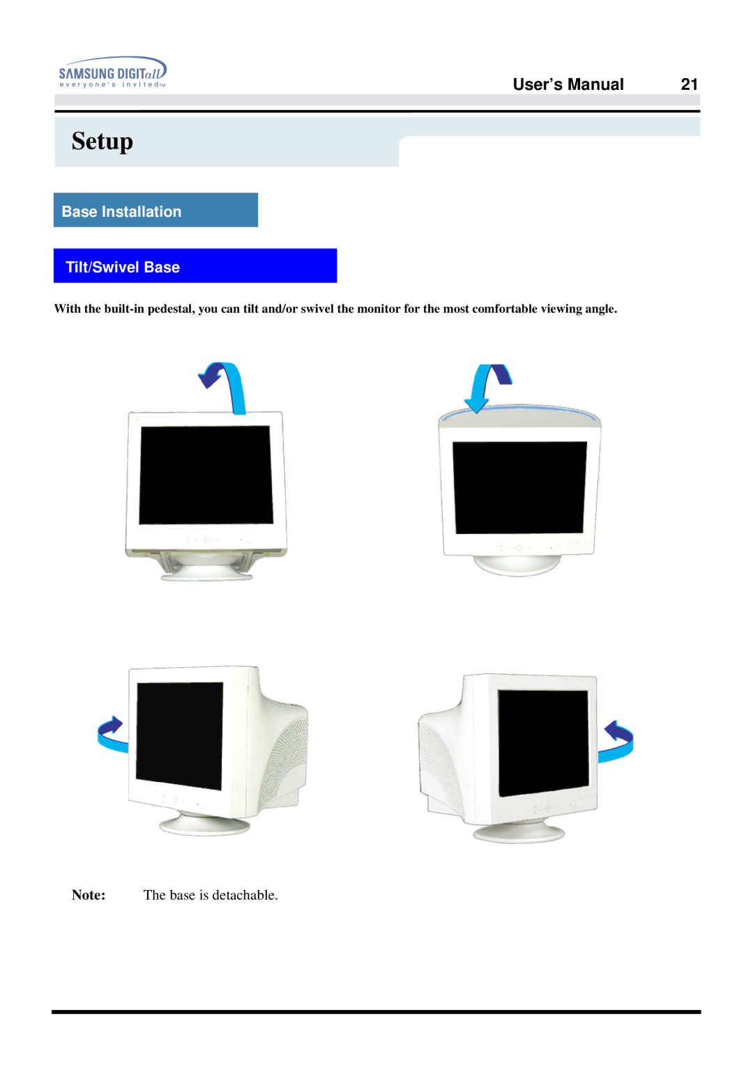 Samsung 757DFX manual Base Installation Tilt/Swivel Base 