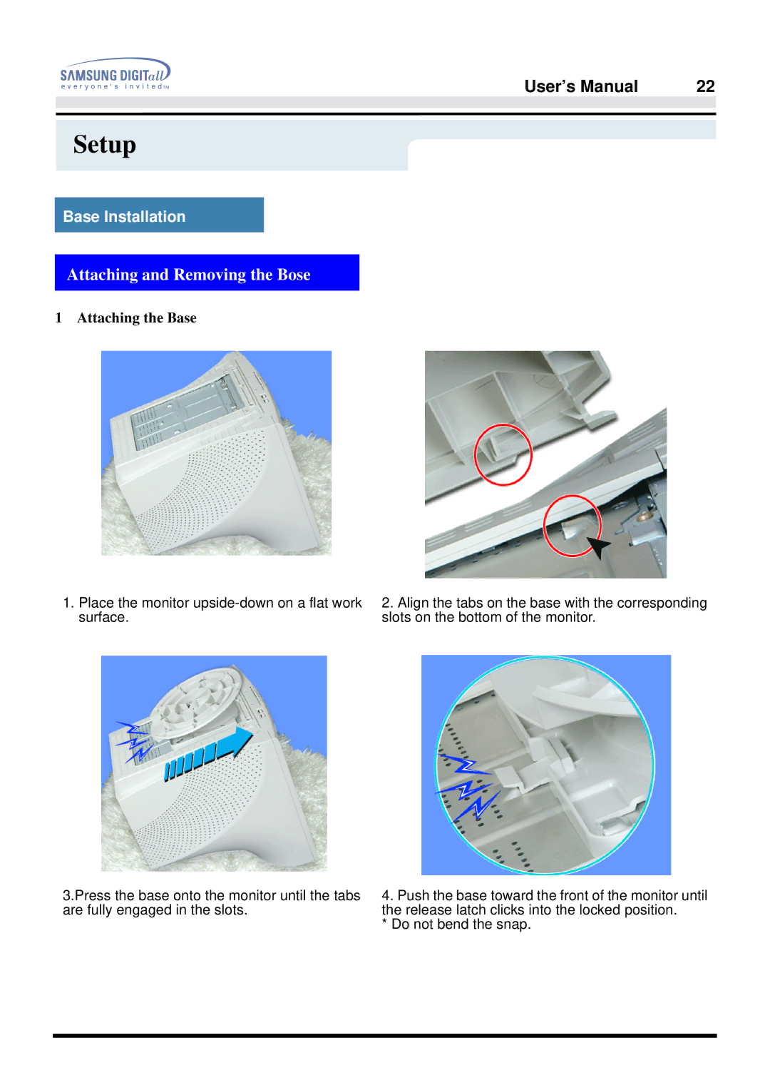 Samsung 757DFX manual Base Installation, Attaching the Base 