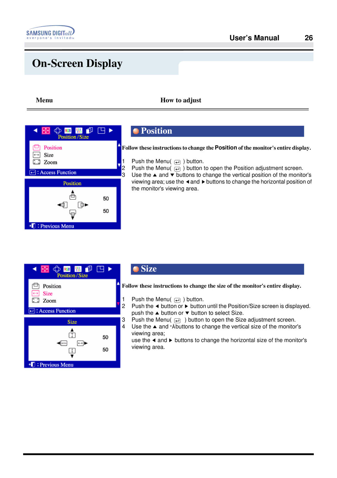 Samsung 757DFX manual Position, Size 