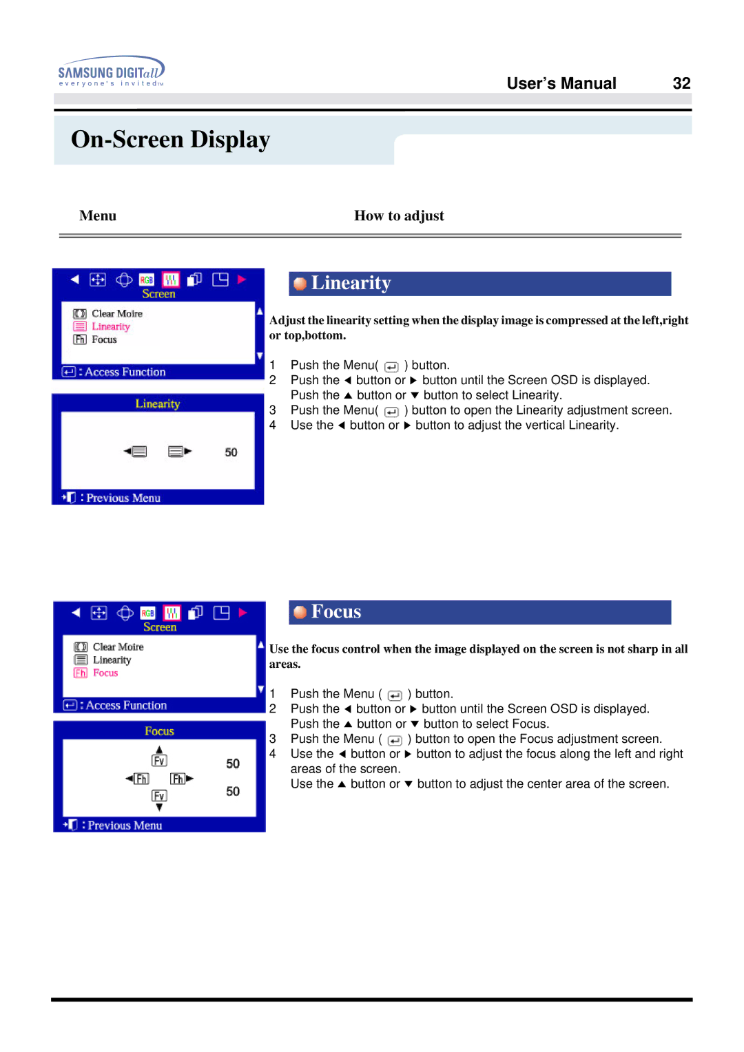 Samsung 757DFX manual Linearity, Focus 