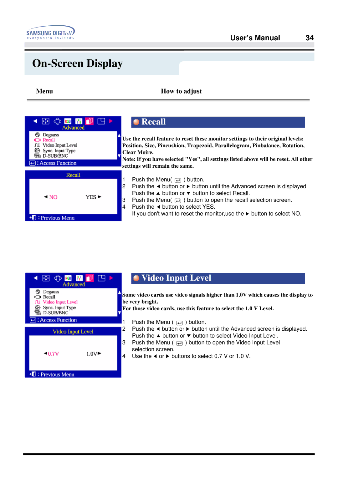 Samsung 757DFX manual Recall, Video Input Level 