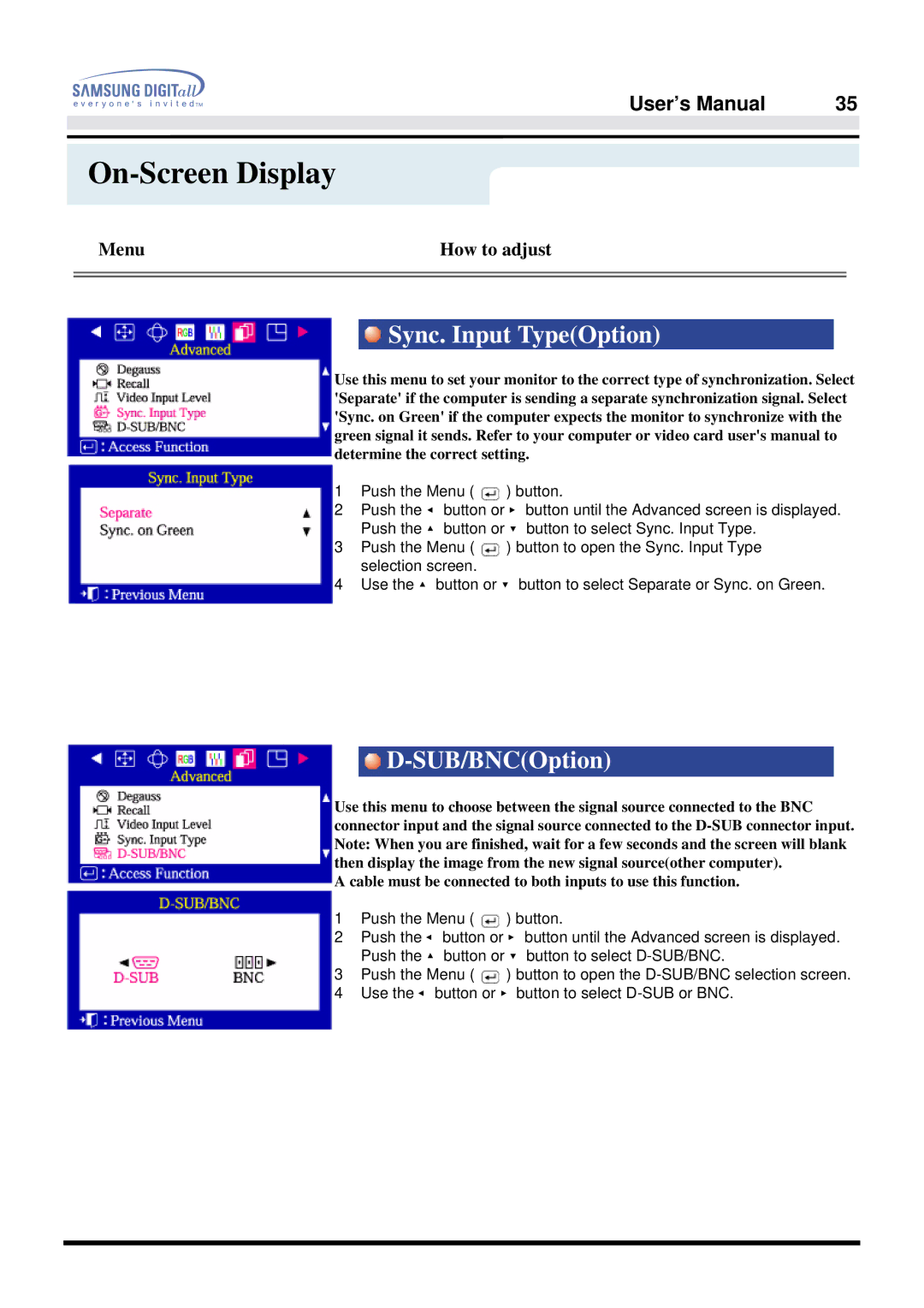 Samsung 757DFX manual Sync. Input TypeOption, SUB/BNCOption 