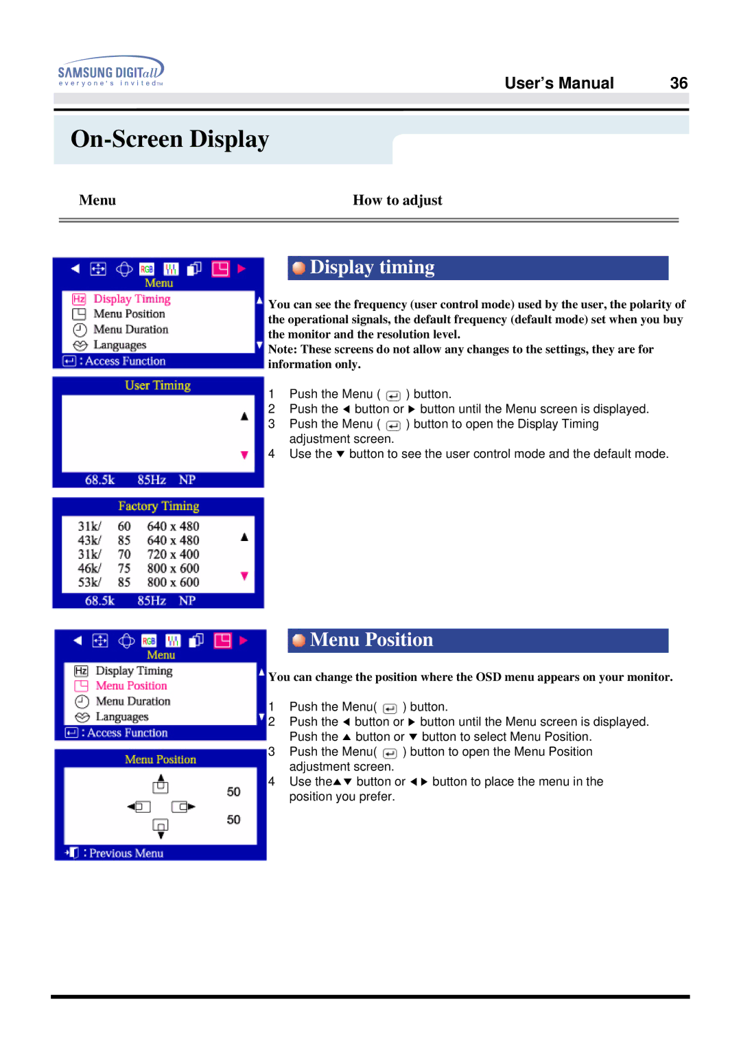 Samsung 757DFX manual Display timing, Menu Position 