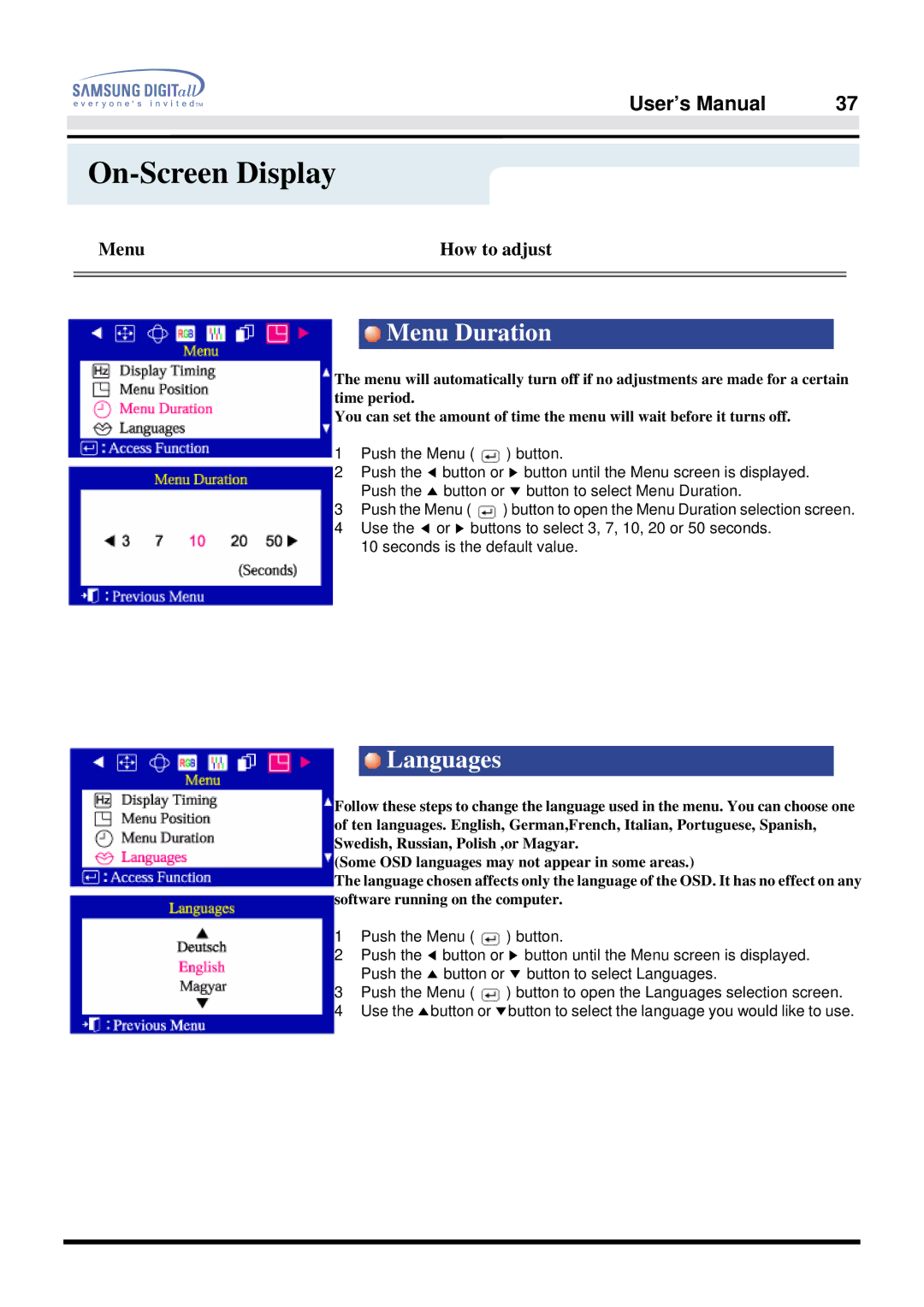 Samsung 757DFX manual Menu Duration, Languages 