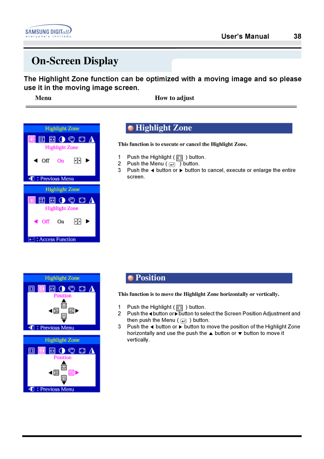 Samsung 757DFX manual This function is to execute or cancel the Highlight Zone 