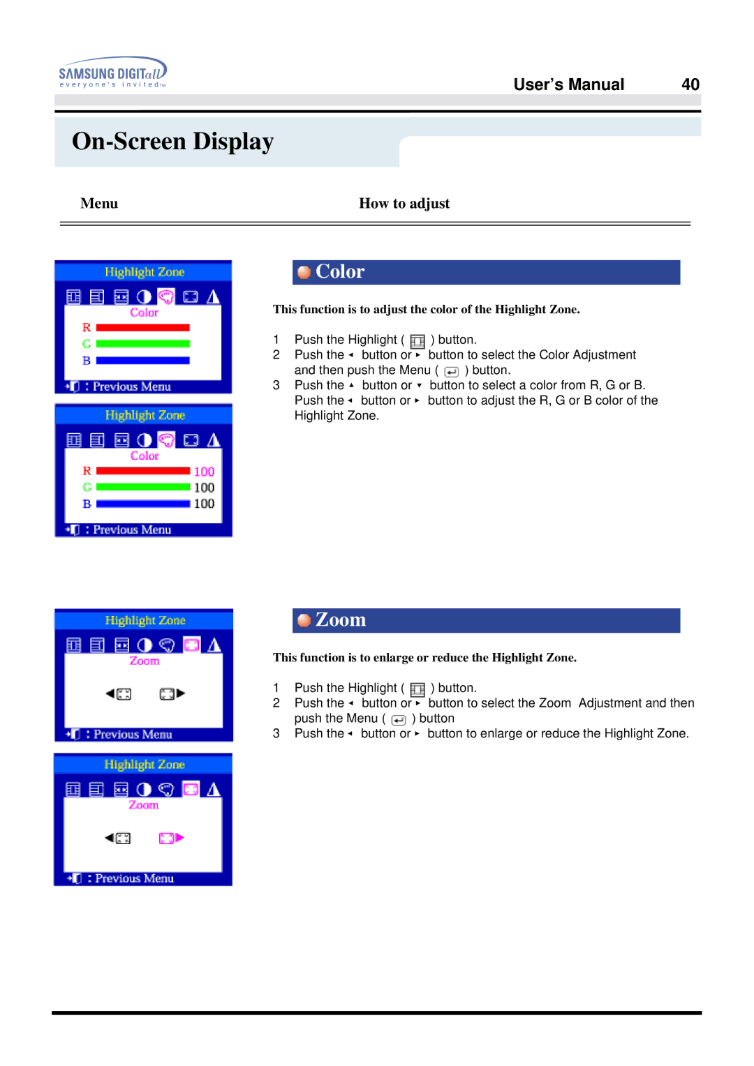 Samsung 757DFX manual Color, This function is to adjust the color of the Highlight Zone 