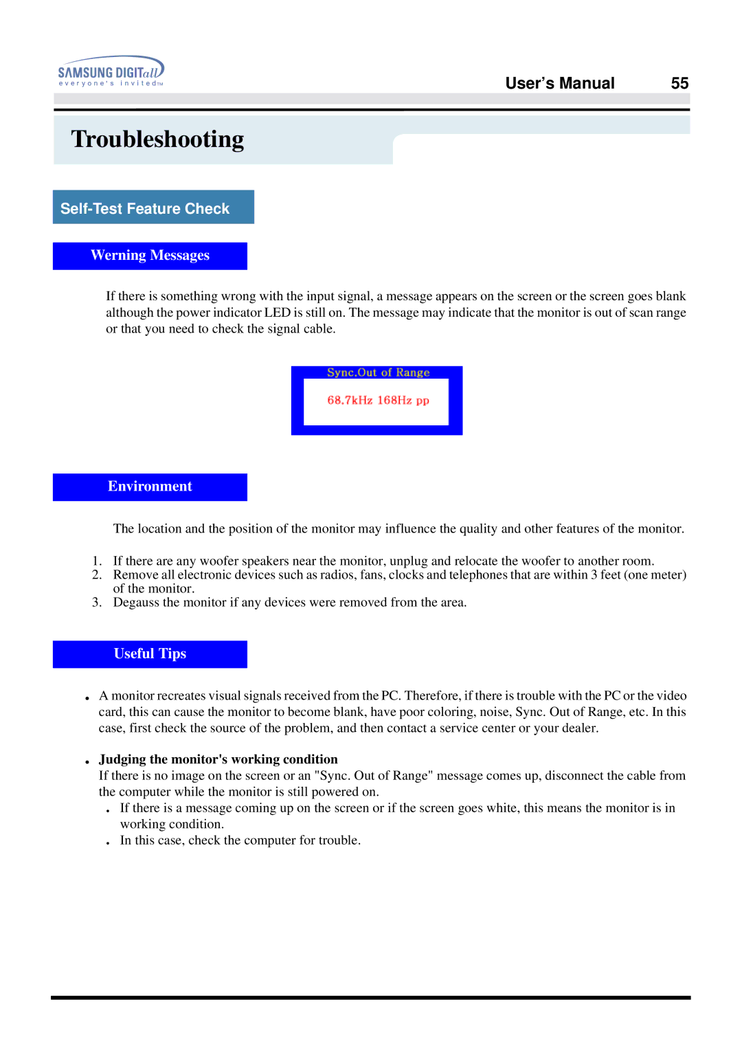 Samsung 757DFX manual Werning Messages, Judging the monitors working condition 