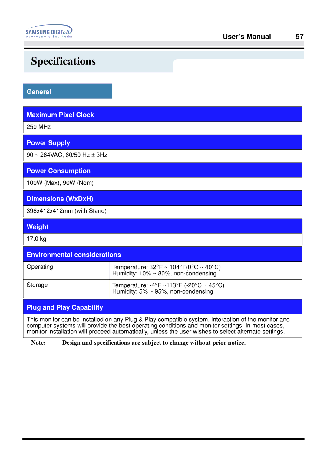 Samsung 757DFX manual General Maximum Pixel Clock, Power Supply, Power Consumption, Dimensions WxDxH, Weight 