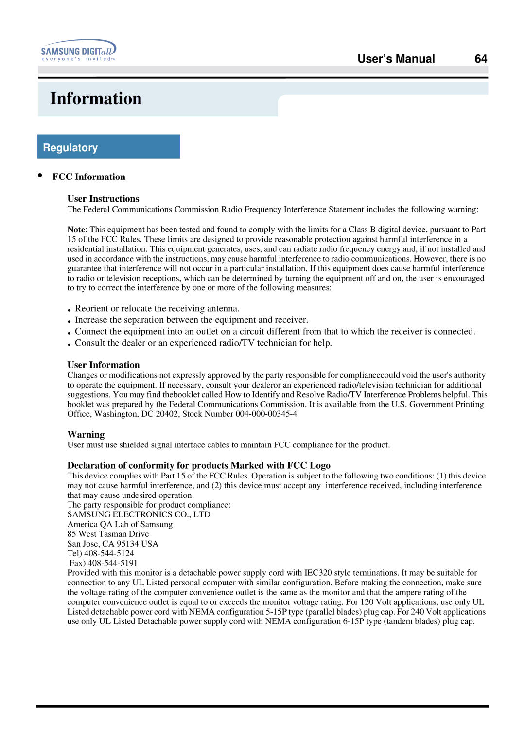 Samsung 757DFX manual Regulatory, FCC Information User Instructions, User Information 