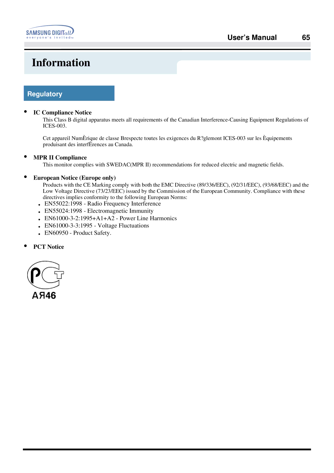 Samsung 757DFX manual IC Compliance Notice, MPR II Compliance, European Notice Europe only, PCT Notice 