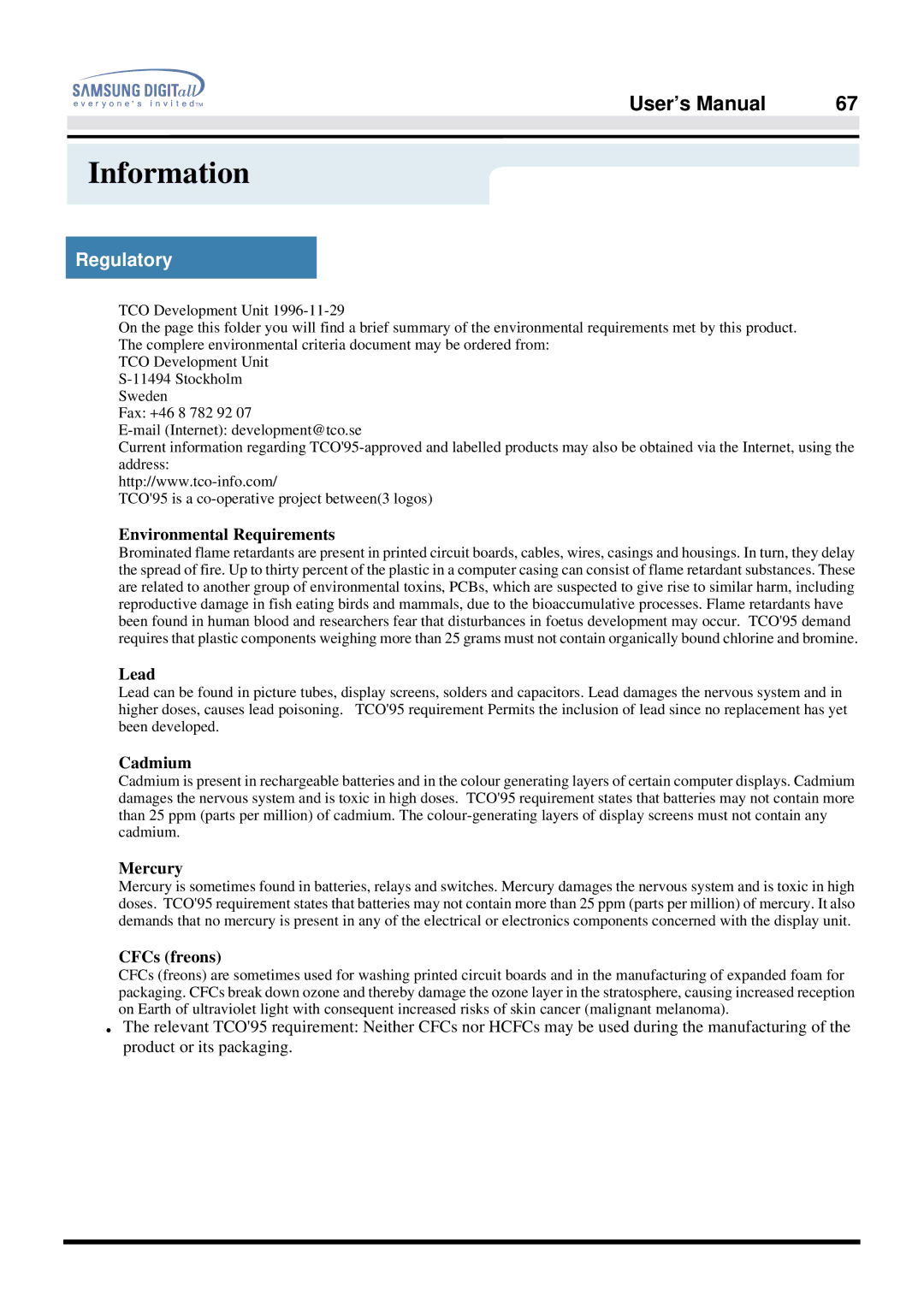 Samsung 757DFX manual Environmental Requirements, Lead, Cadmium, Mercury, CFCs freons 