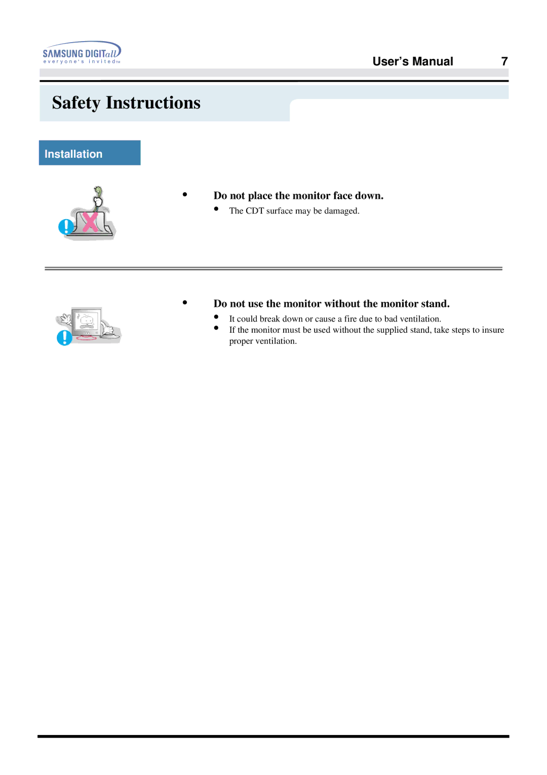 Samsung 757DFX manual Do not place the monitor face down 