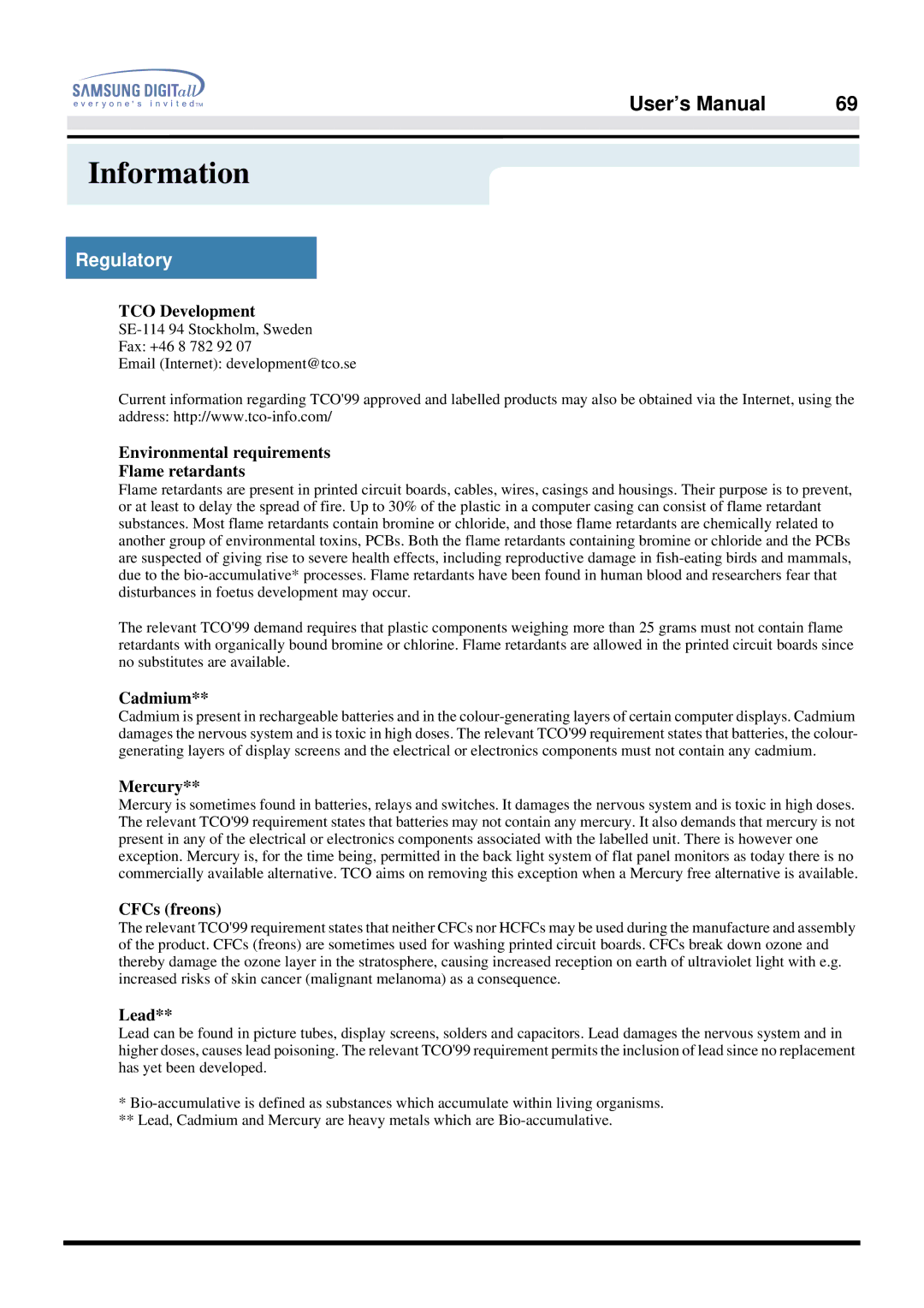 Samsung 757DFX manual TCO Development, Environmental requirements Flame retardants 