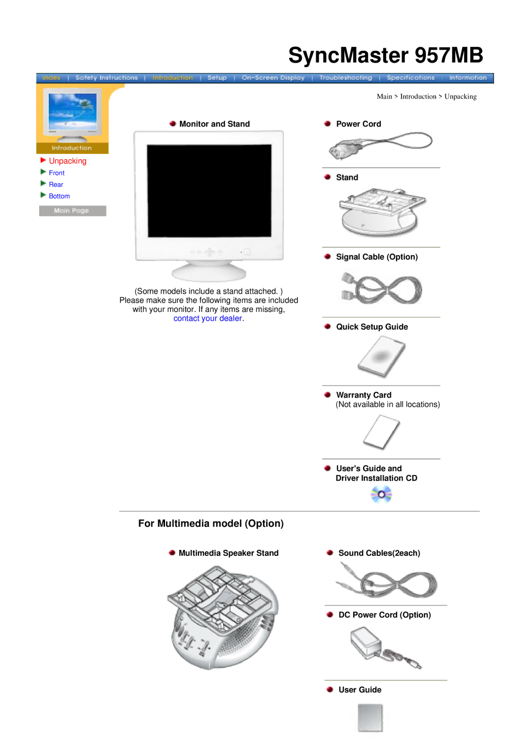 Samsung 757MB manual Monitor and Stand Power Cord Signal Cable Option, Quick Setup Guide Warranty Card 