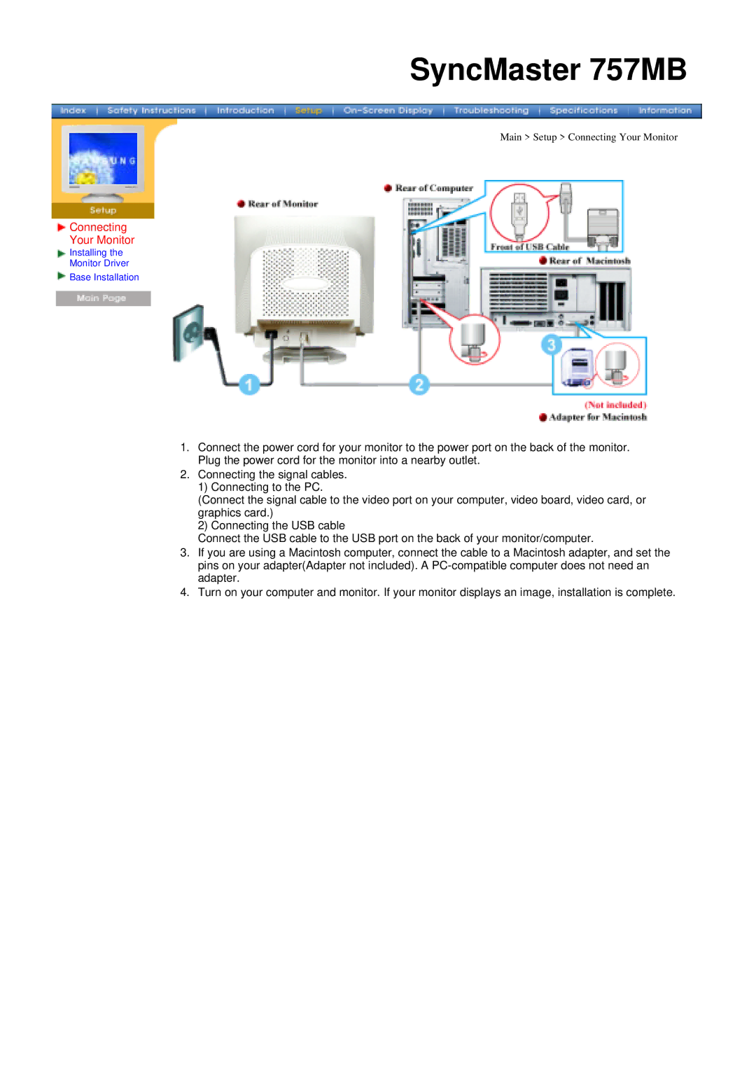 Samsung 757MB manual Connecting Your Monitor 