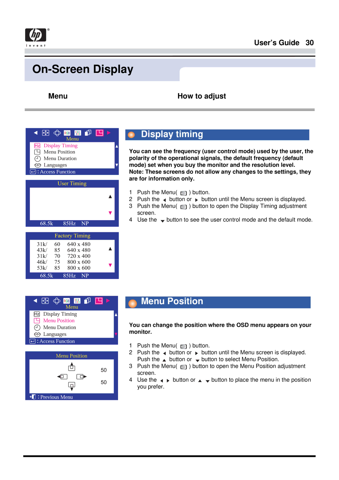 Samsung 757MB manual Display timing, Menu Position 