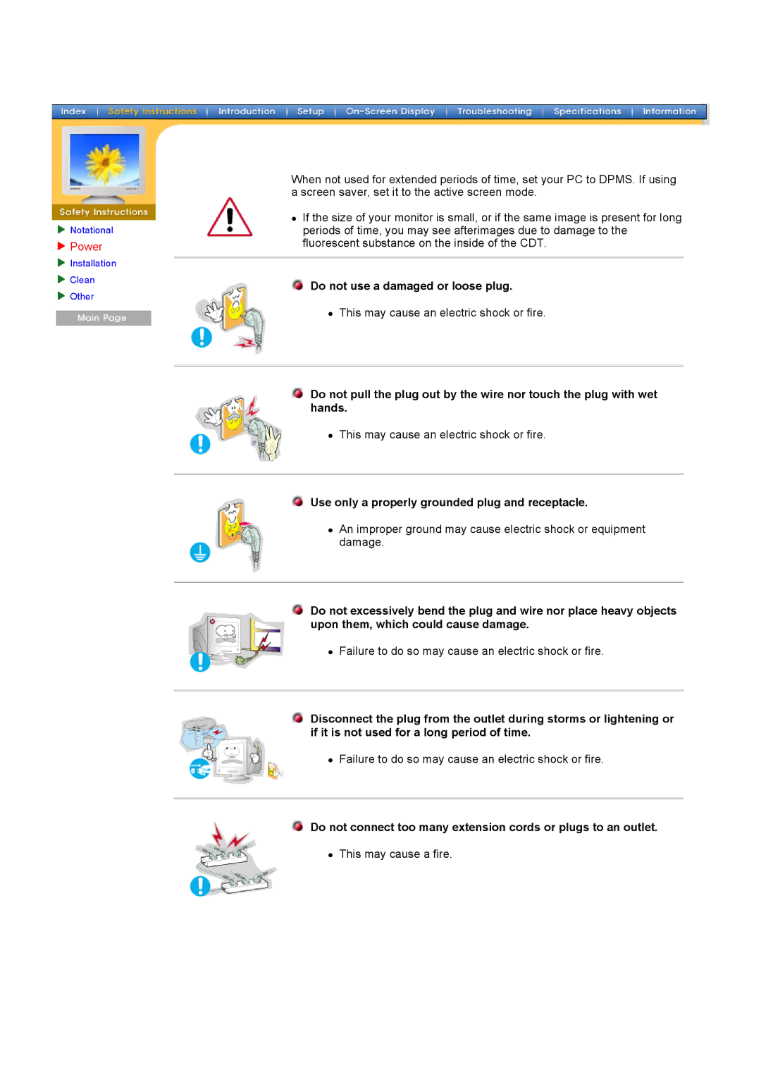 Samsung 757MB manual Power, Do not use a damaged or loose plug, Use only a properly grounded plug and receptacle 