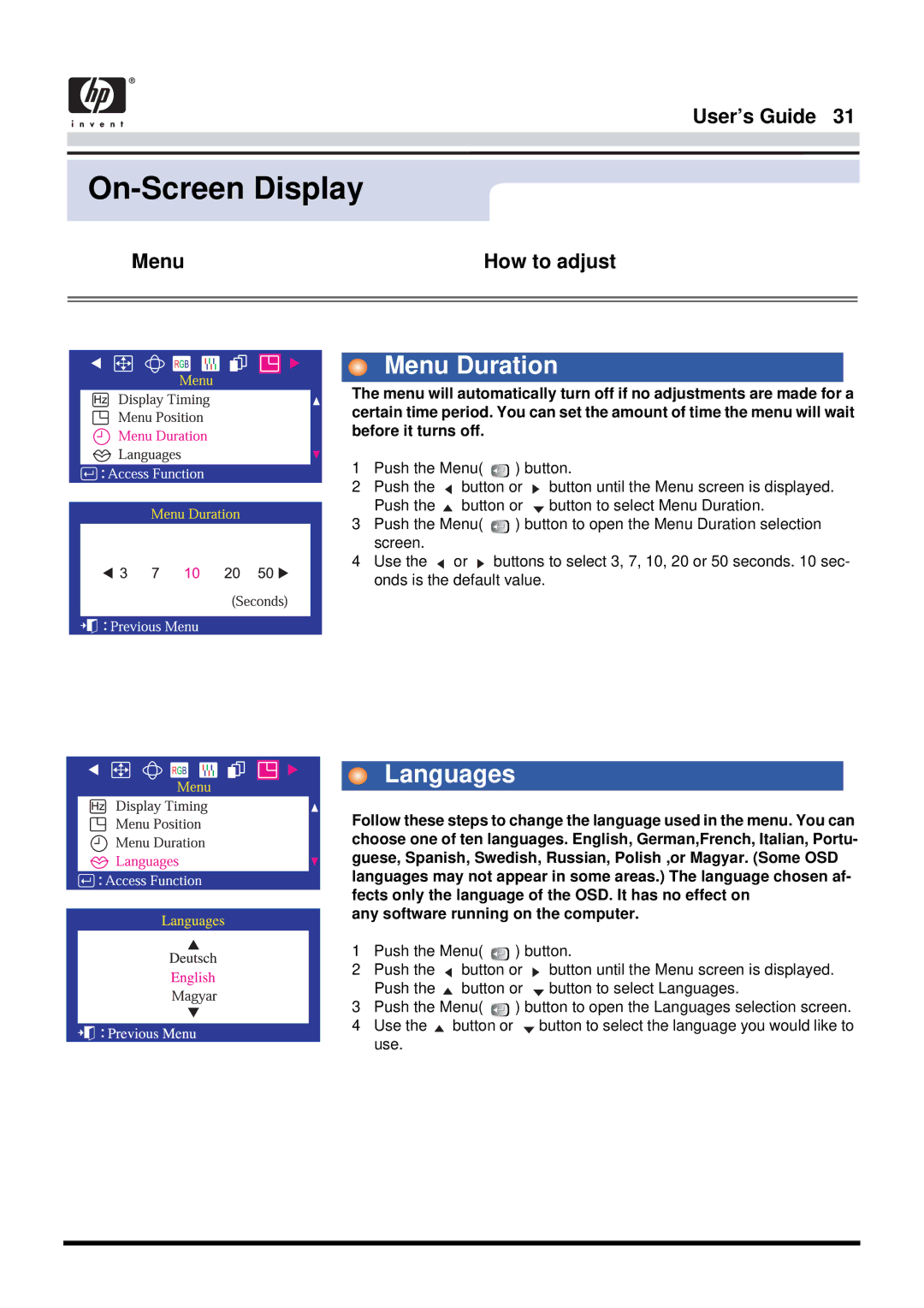 Samsung 757MB manual Menu Duration, Languages 