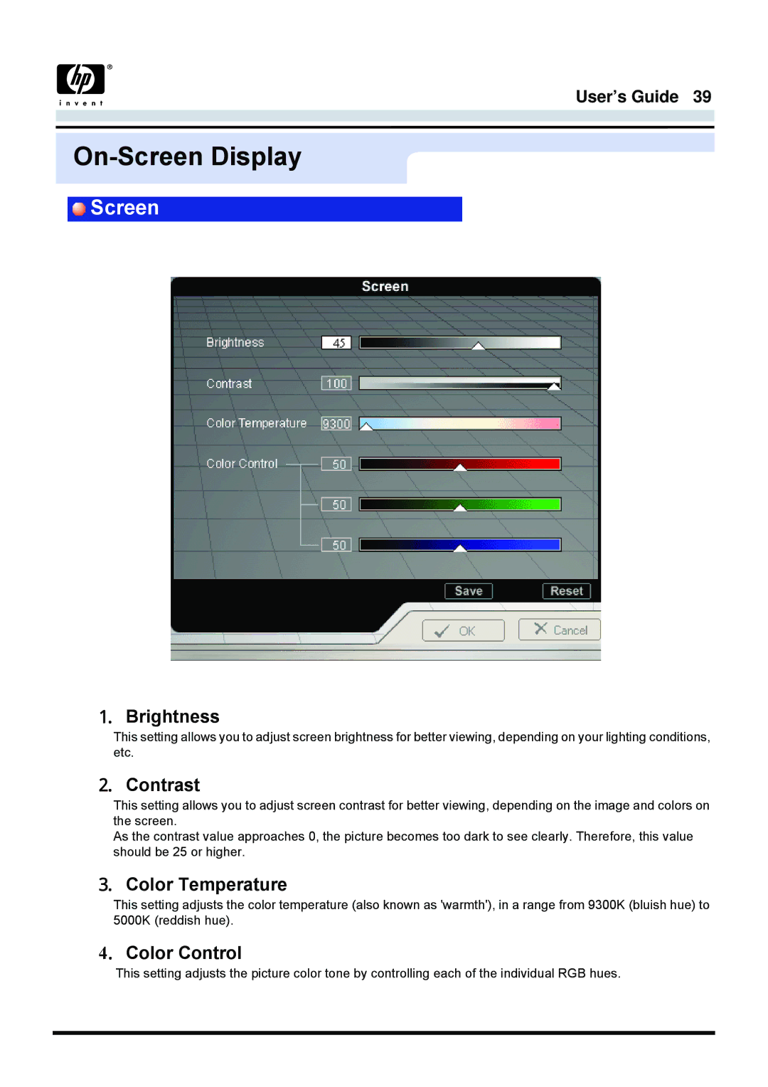 Samsung 757MB manual Screen, Brightness, Contrast, Color Temperature, Color Control 