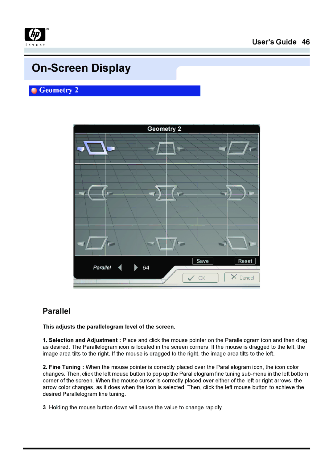 Samsung 757MB manual Parallel, This adjusts the parallelogram level of the screen 